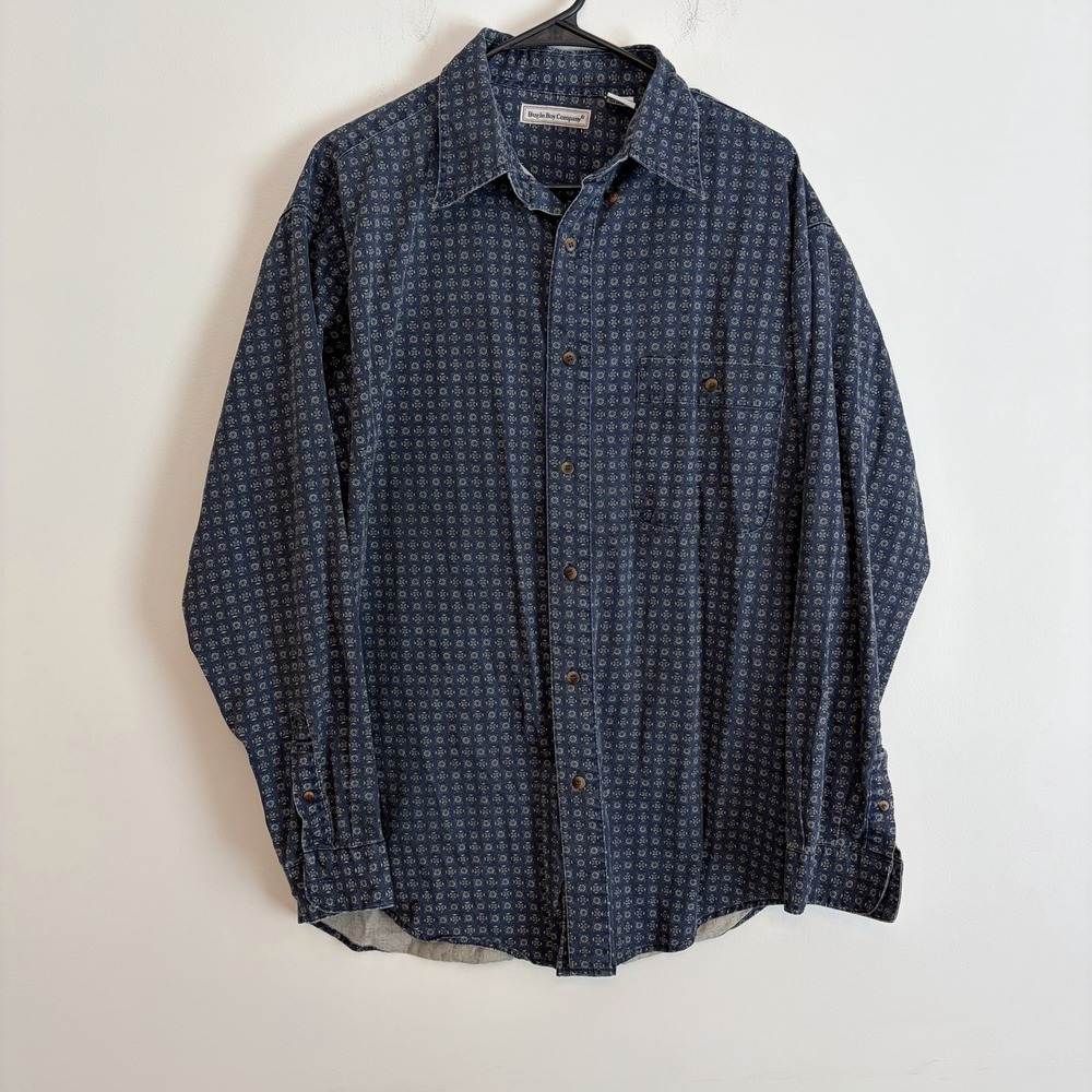 Bugle Boy Company Men's Large Blue Geometric Pattern‎ Button Up Shirt Large VTG
